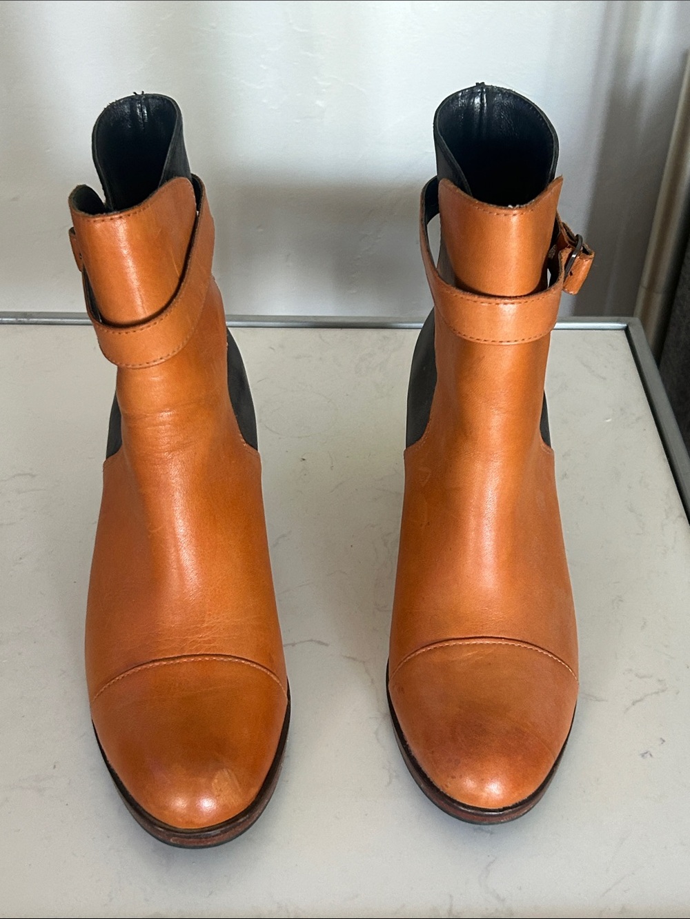 Wolverine Cognac Leather Ankle Booties with Buckle Strap